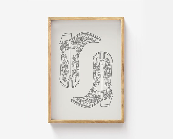 Cowboy Boot Line Art Western Floral Stitched Minimalist Poster
