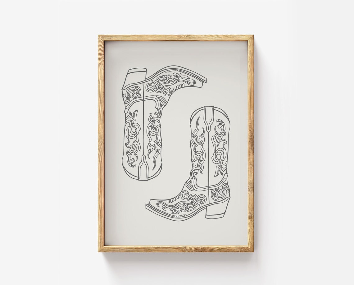 Cowboy Boot Line Art Western Floral Stitched Minimalist Poster