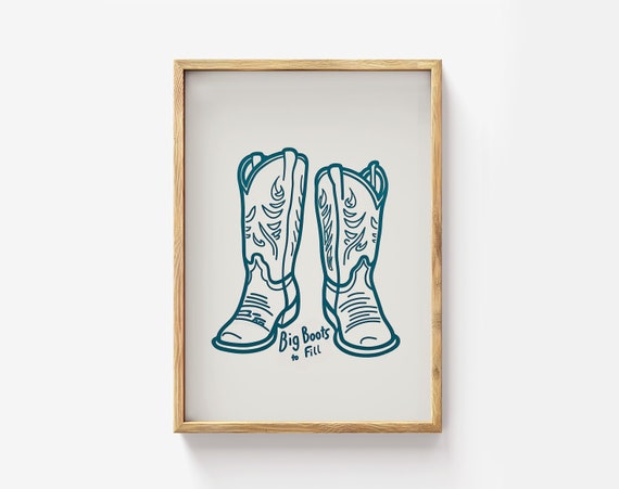 Cowboy Boots Art Print Teal Line Drawing