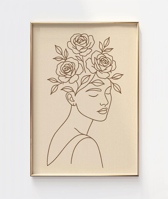 Floral Crown Woman Line Art Minimalist Beige Boho Rose Poster