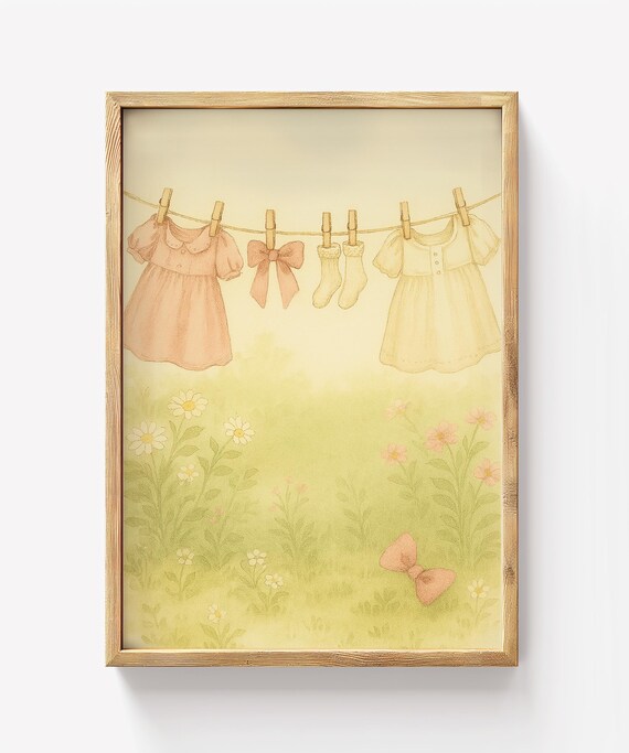 Baby Dress Clothesline Soft Pastel Vintage Nursery Wall Poster