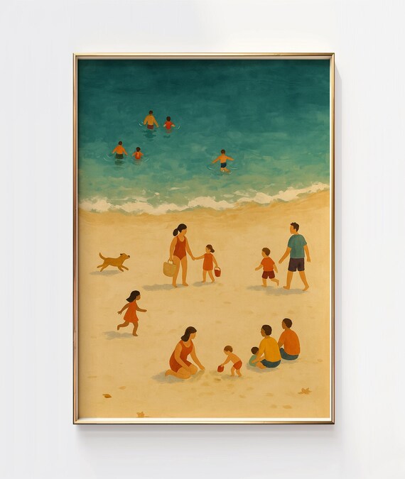 Retro Family Beach Day Summer Illustration Poster In Warm Tones