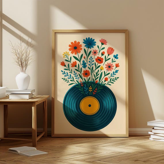 Retro Vinyl Record Floral Print Boho Midcentury Modern Wall Art