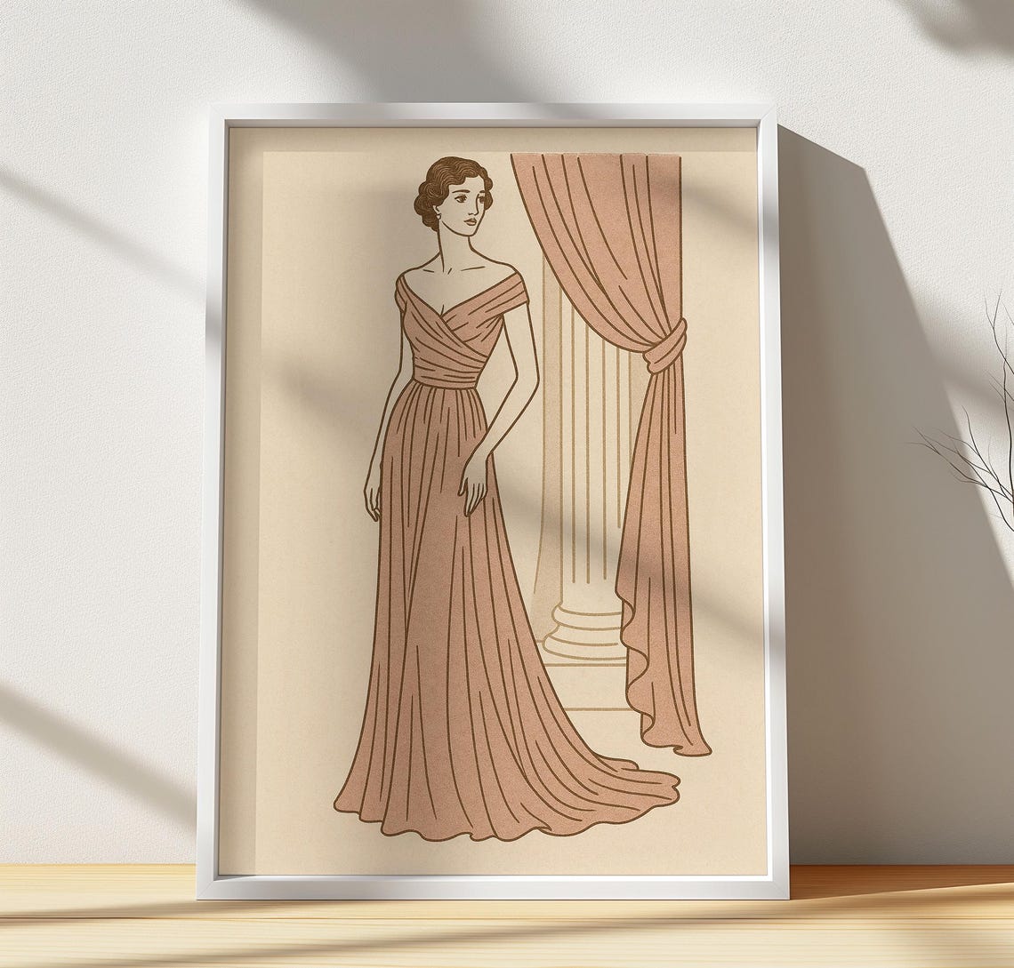 Vintage Fashion Illustration Elegant Lady In Draped Gown Poster