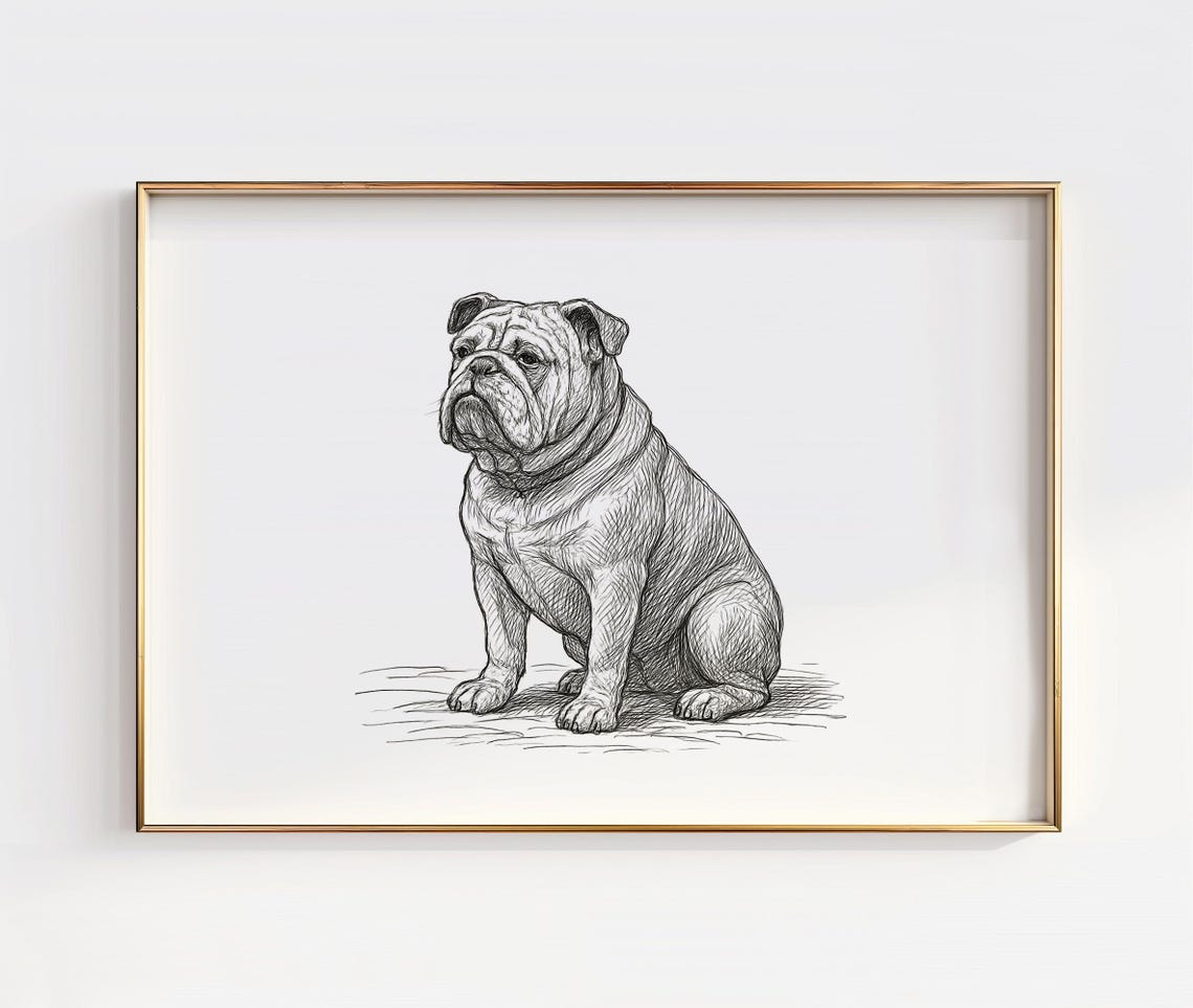 English Bulldog Line Drawing Sitting Dog Sketch Minimalist Poster