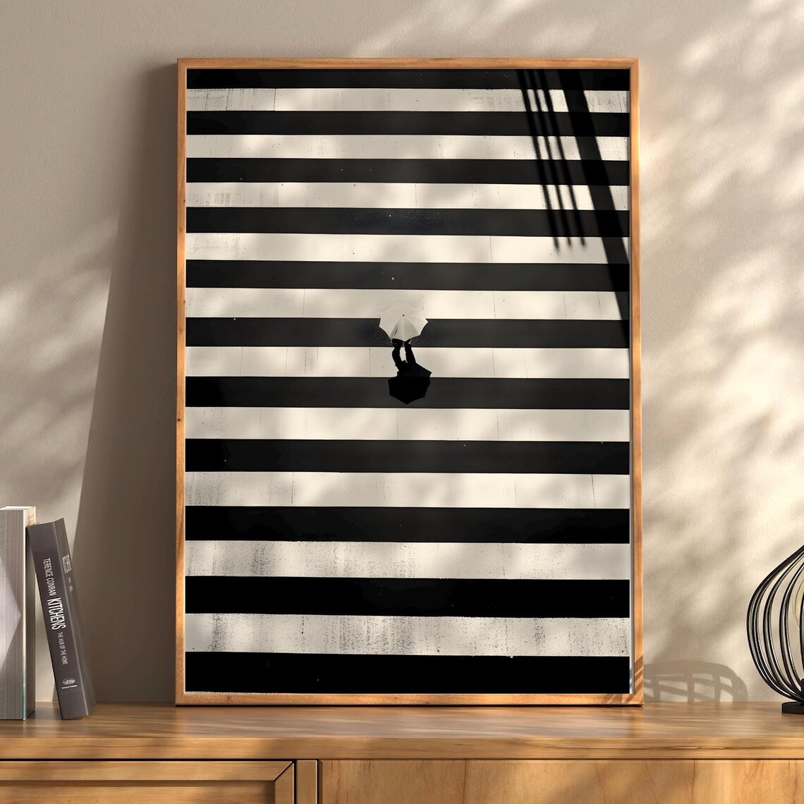 Umbrella Crosswalk Black White Street Photo Minimalist Urban Poster