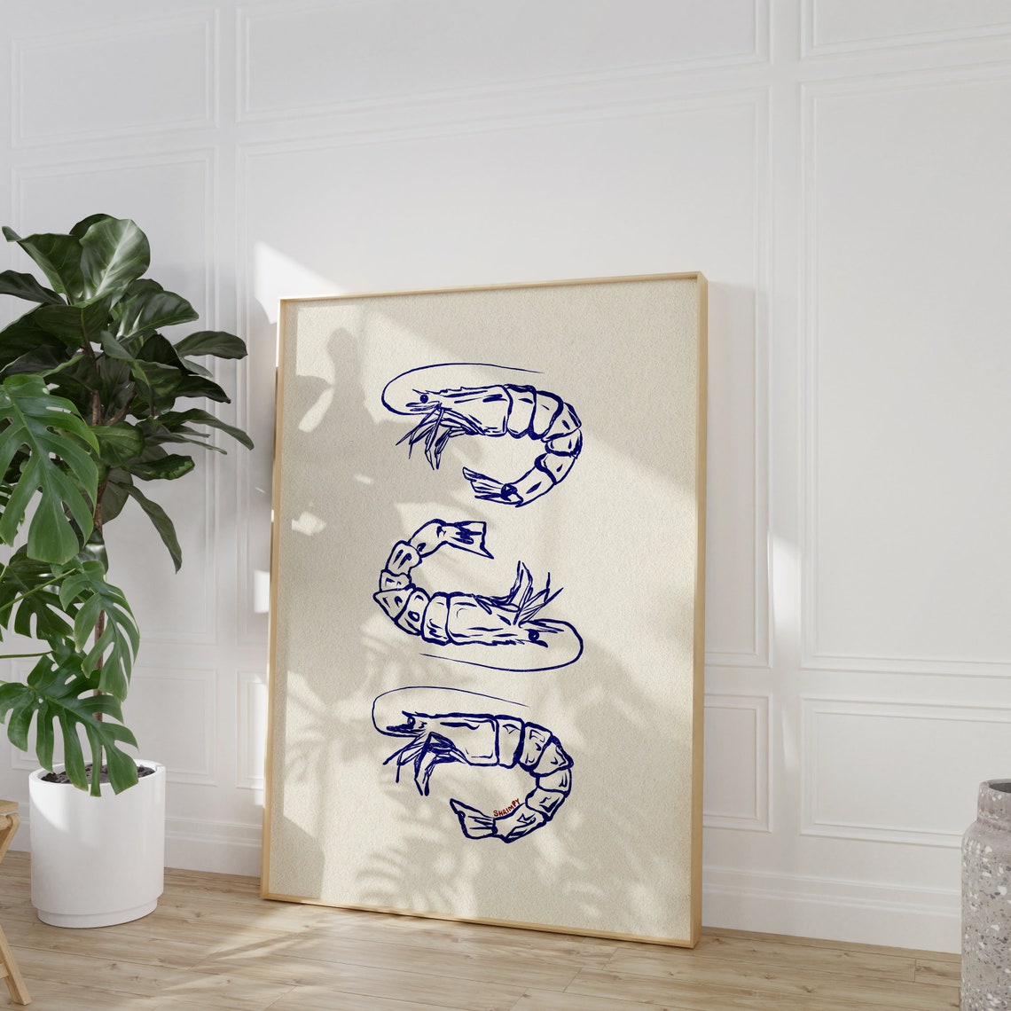 Blue Line Shrimp Trio Minimal Seafood Kitchen Illustration Poster - Image 2