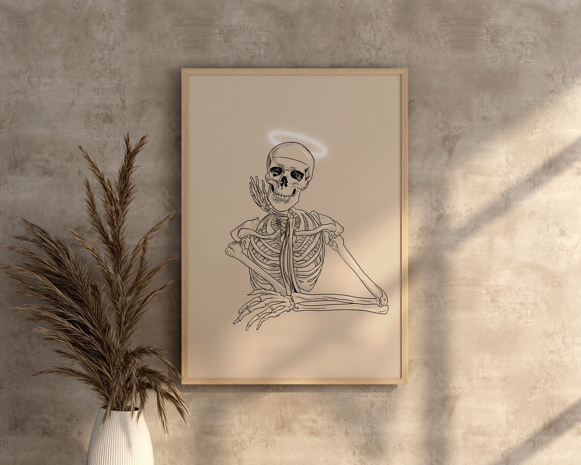 Angel Skeleton Halo Line Art Spooky Minimalist Halloween Poster - Image 2