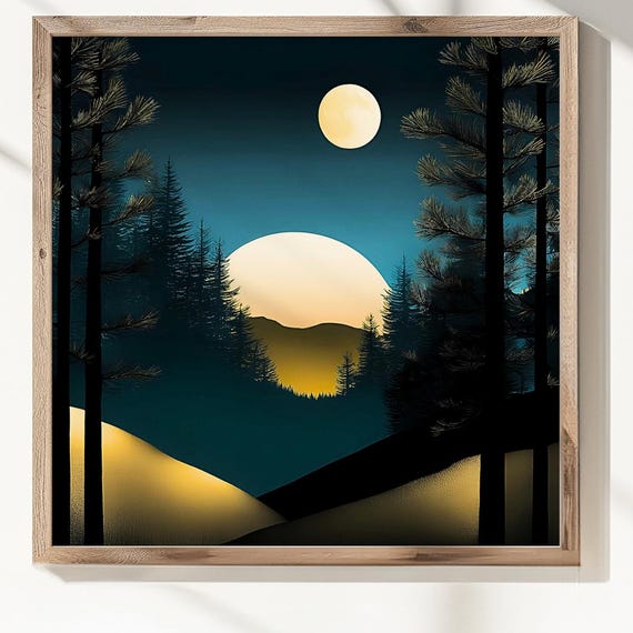 Glowing Moon Canvas Print Or Poster Forest Nightscape Wall Art 28