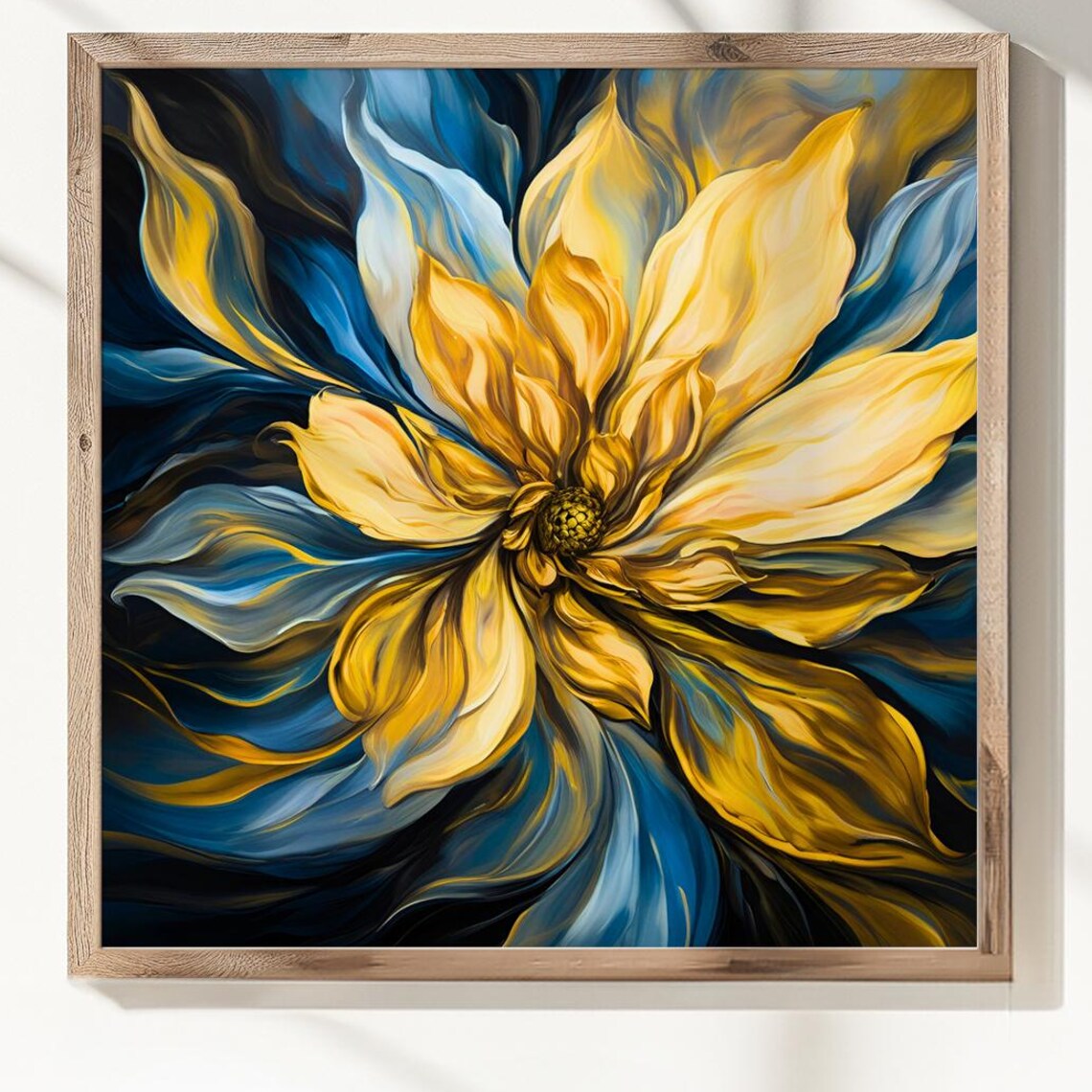 Golden Flower With Swirling Petals On Deep Blue Abstract Floral Print
