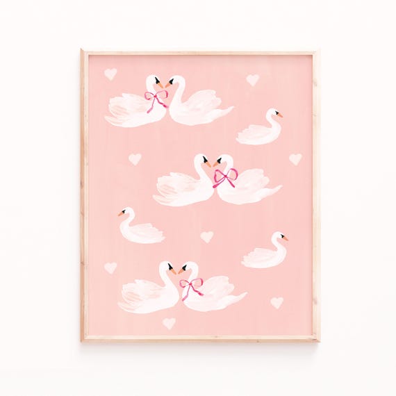Love Birds Art Print, Cute Swan Painting