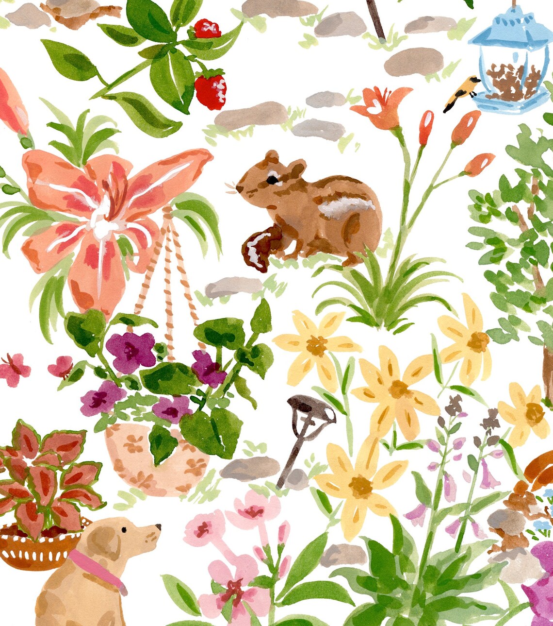 Animals In The Yard Botanical Watercolor Art Print - Image 3