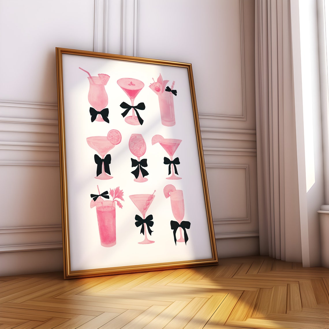 Pink Cocktails With Black Bows Coquette Martini Party Art Poster - Image 3