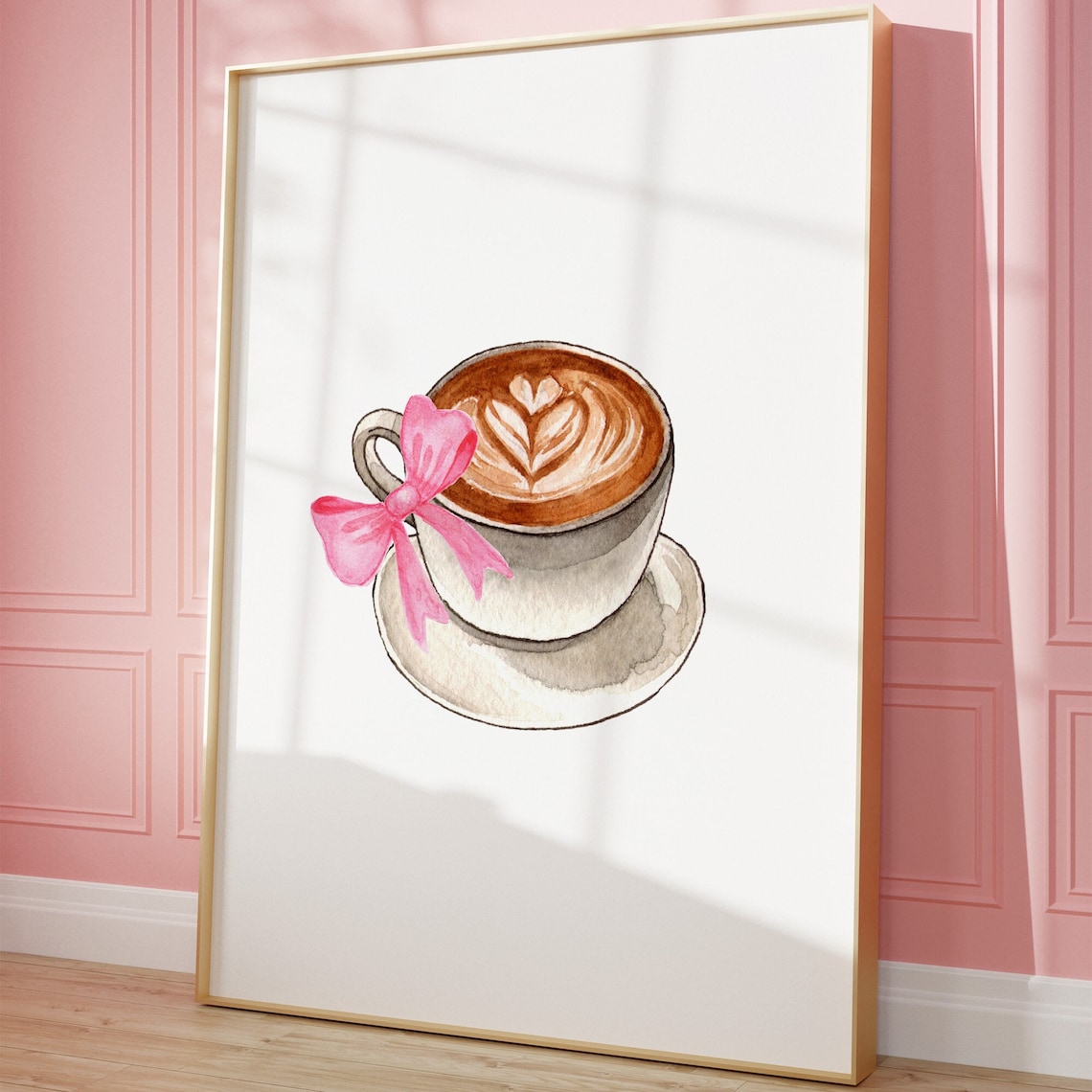 Watercolor Heart Latte Art Cup Pink Bow Balletcore Kitchen Poster