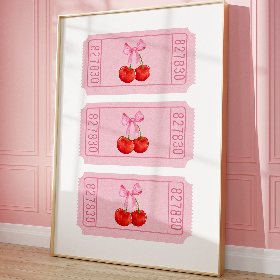 Watercolor Cherry Pink Bow Ticket Stub Coquette Room Decor Poster - Image 4