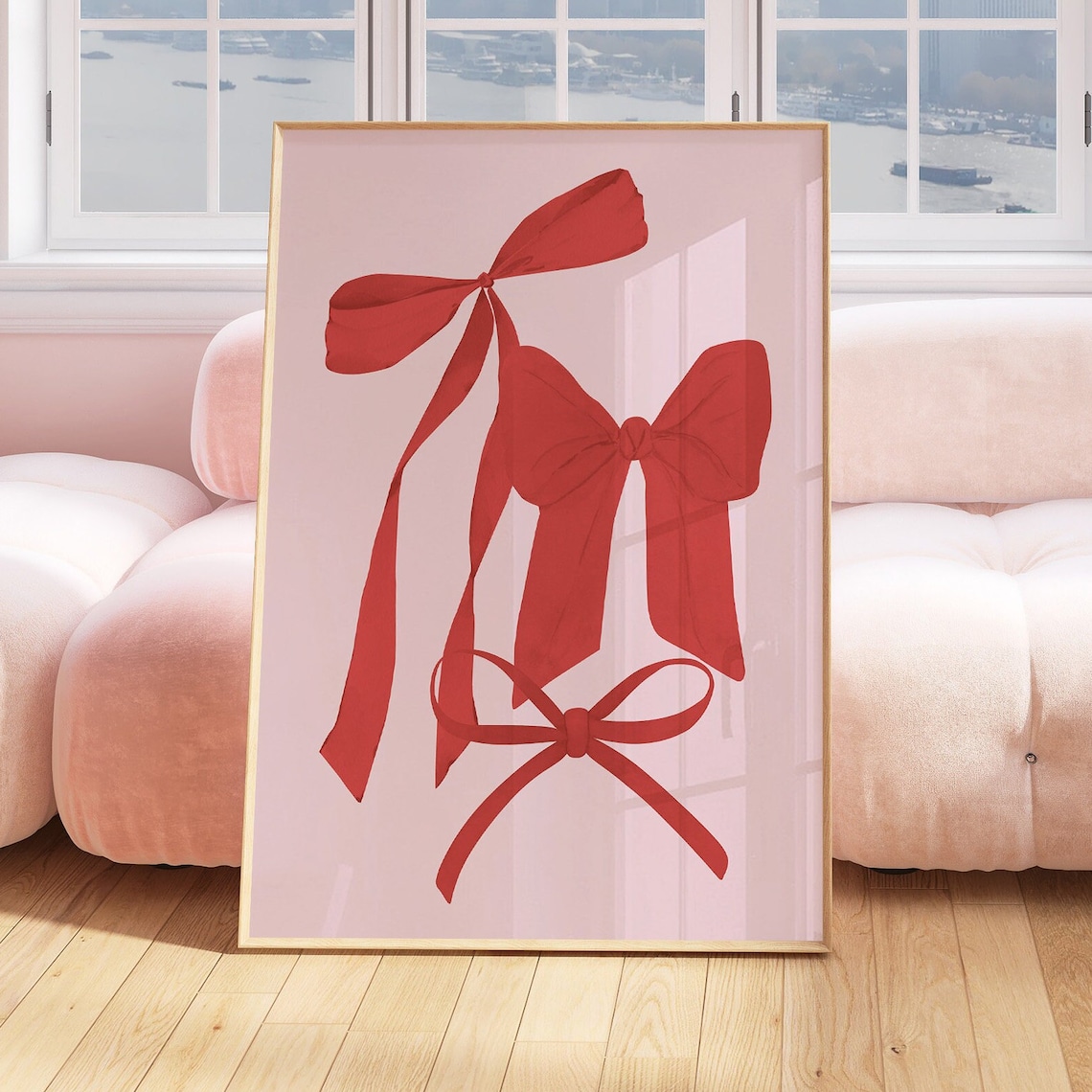 Red Bows Watercolor Coquette Pink Trio Illustration Wall Art - Image 2