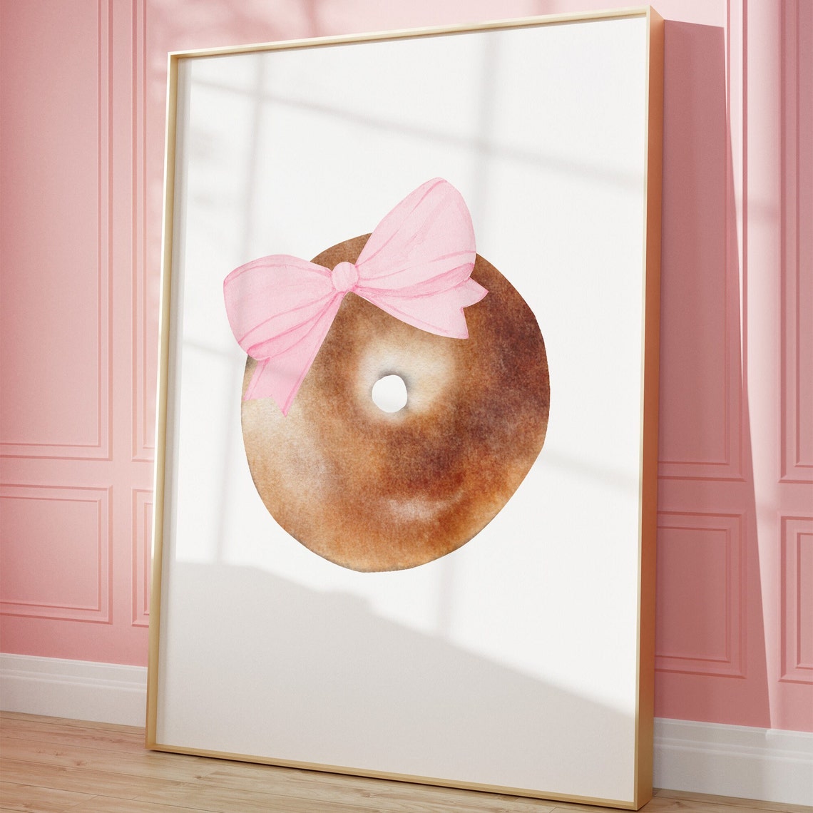 Watercolor Bagel with Pink Bow Coquette Kitchen Wall Decor Poster