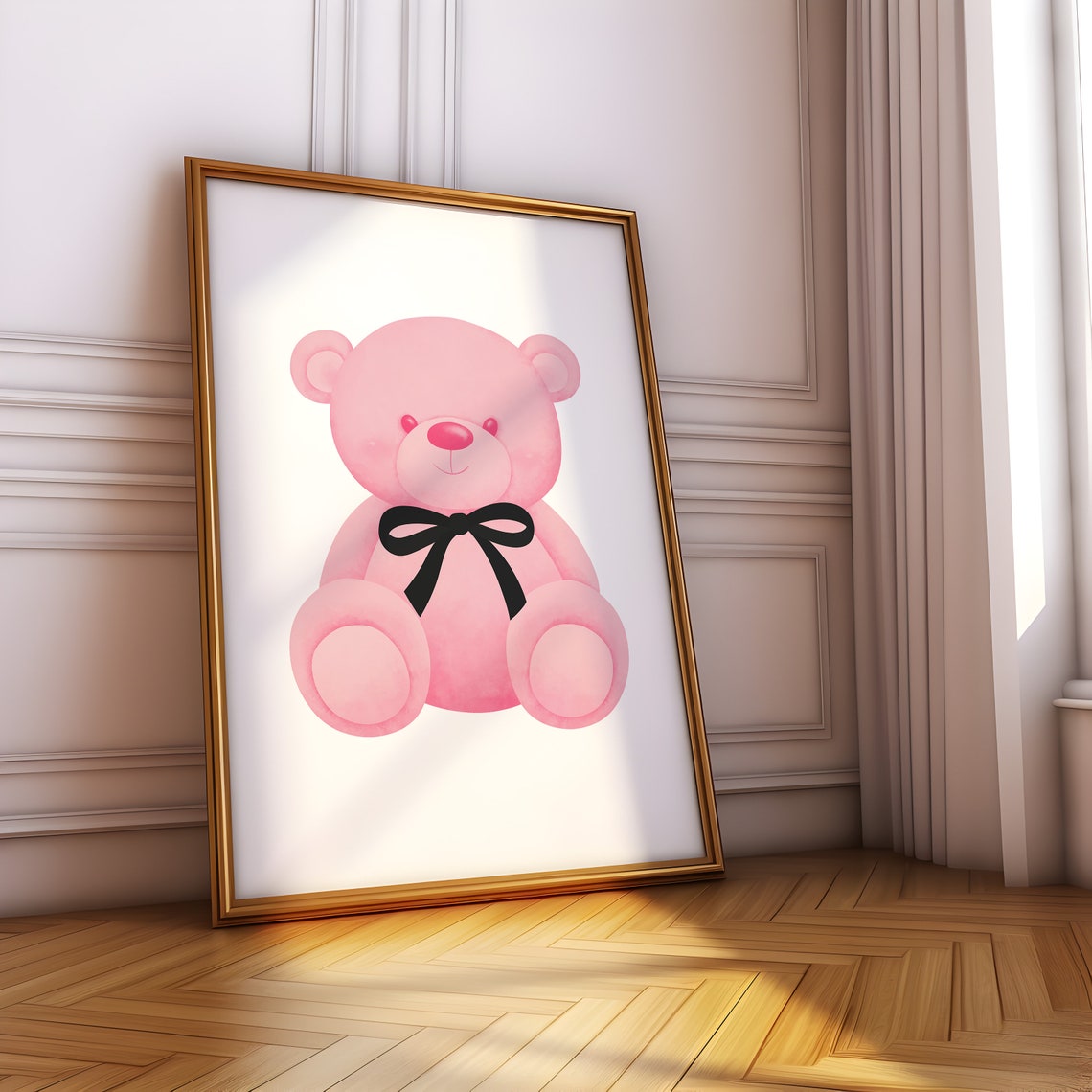 Pink Teddy Bear With Black Bow Cute Coquette Nursery Wall Art - Image 4