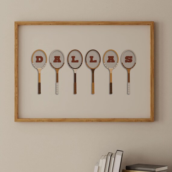Dallas Vintage Wooden Tennis Racquets Letter Typography Wall Art