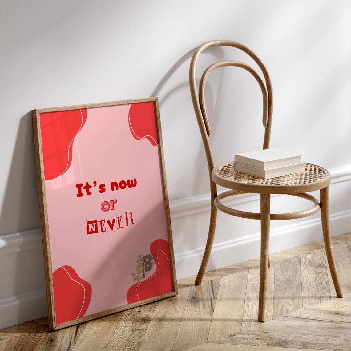 It's Now or Never Motivational Quote Over Red Abstract Blobs Poster