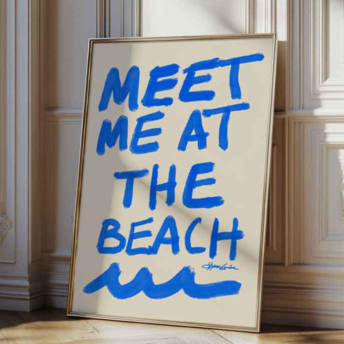 Meet Me At The Beach Blue Brush Lettering Coastal Wave Typography Poster