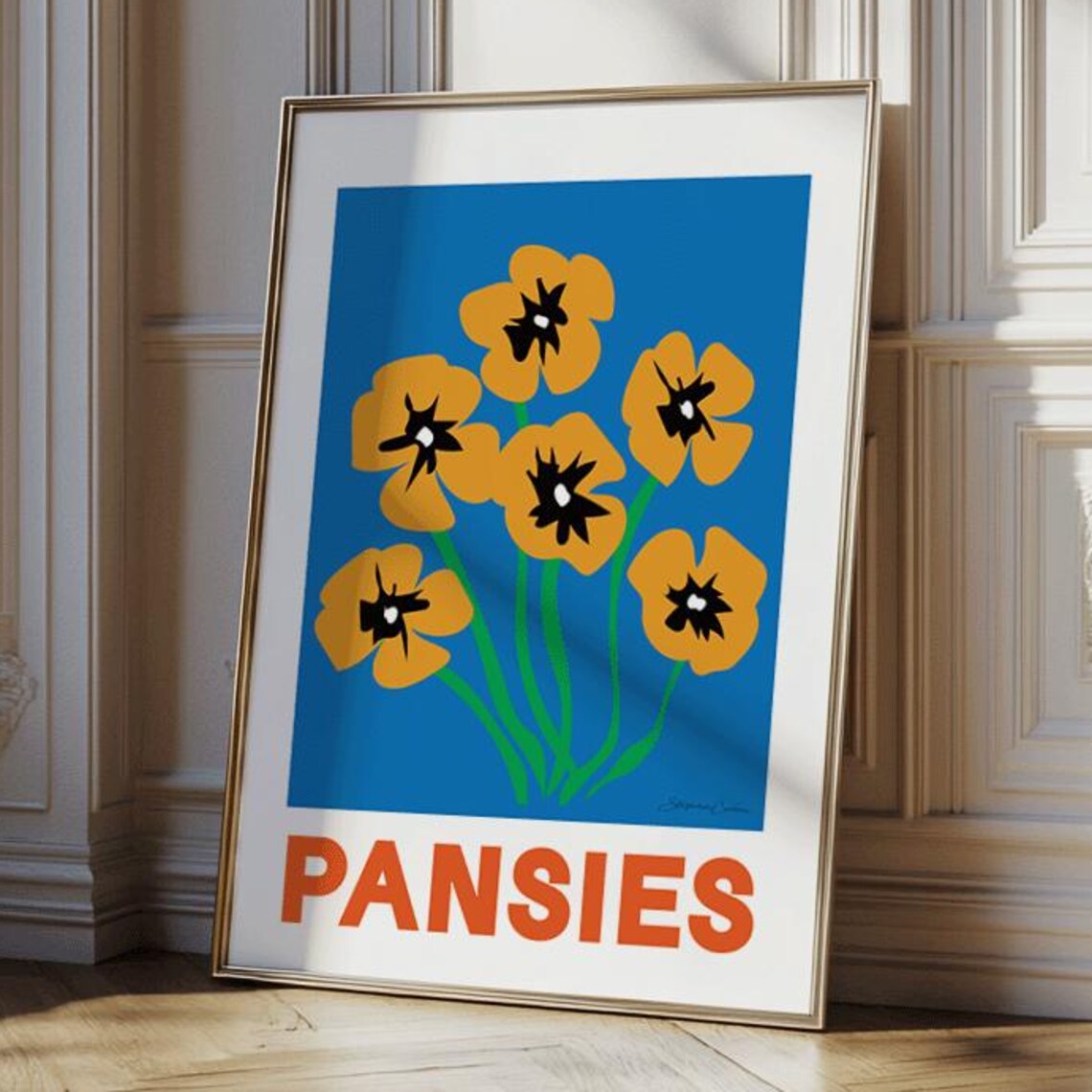Retro Yellow Pansies Flower Market Blue Mid Century Art Poster