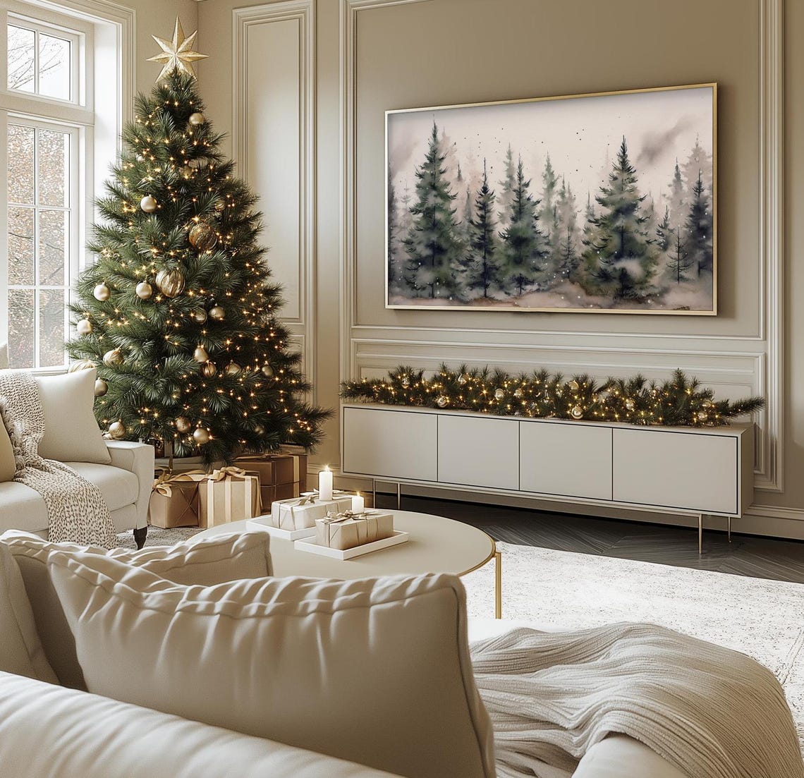 Misty Watercolor Pine Forest Neutral Tones Winter Scene Wall Art - Image 2