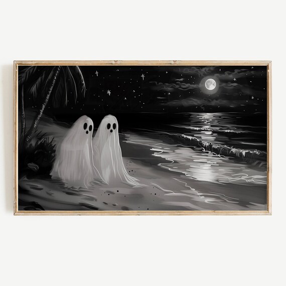 Two Ghosts On Moonlit Beach Black And White Haunted Coastal Poster