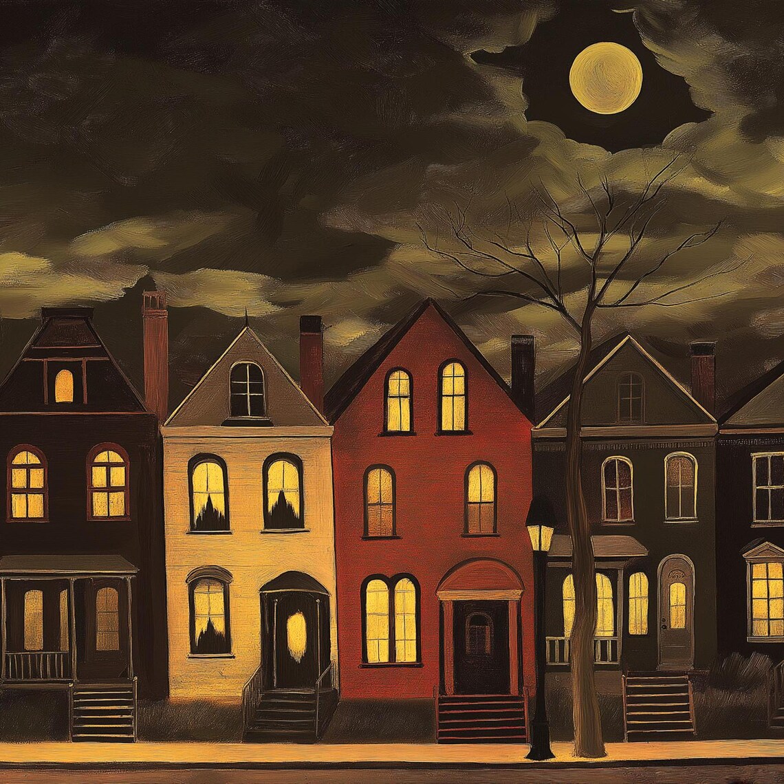 Spooky Night Townhouses Glowing Windows Full Moon Halloween Poster - Image 2