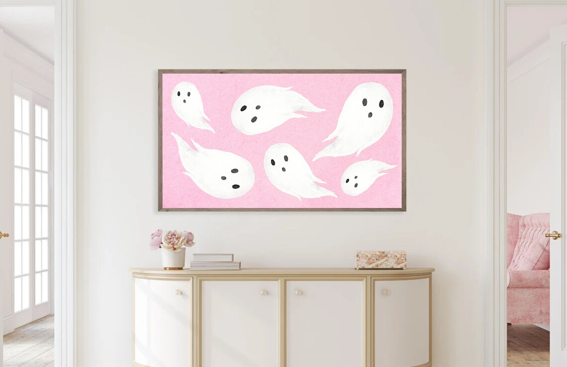 Pink Halloween Cute Ghost Watercolor Art Print - Image 2