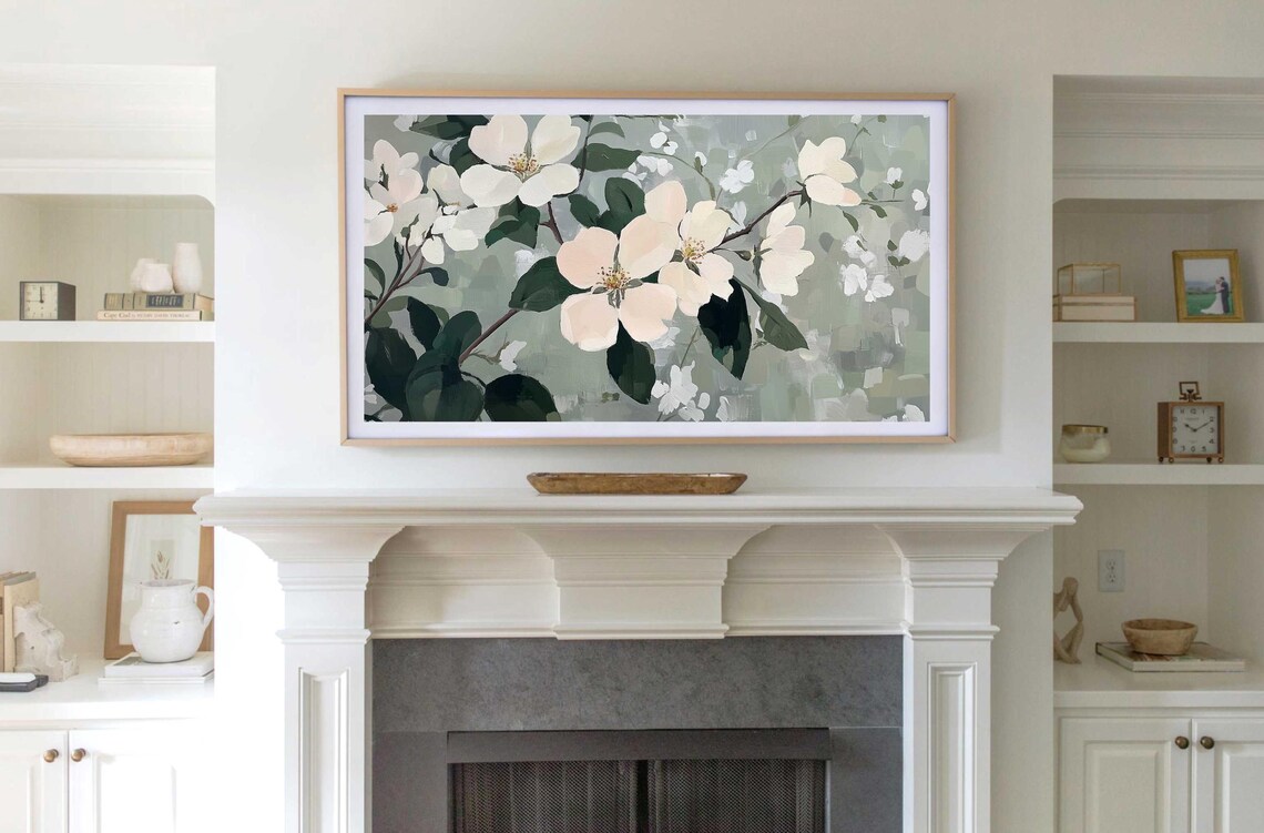 White Cherry Blossom Branch Sage Green Floral Painting Poster - Image 4