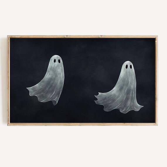 Two Minimalist Sheet Ghosts On Black Background Spooky Halloween Poster