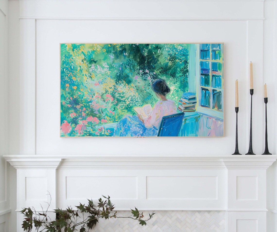 Woman Reading By Window Garden Bookish Cottagecore Art Poster - Image 4