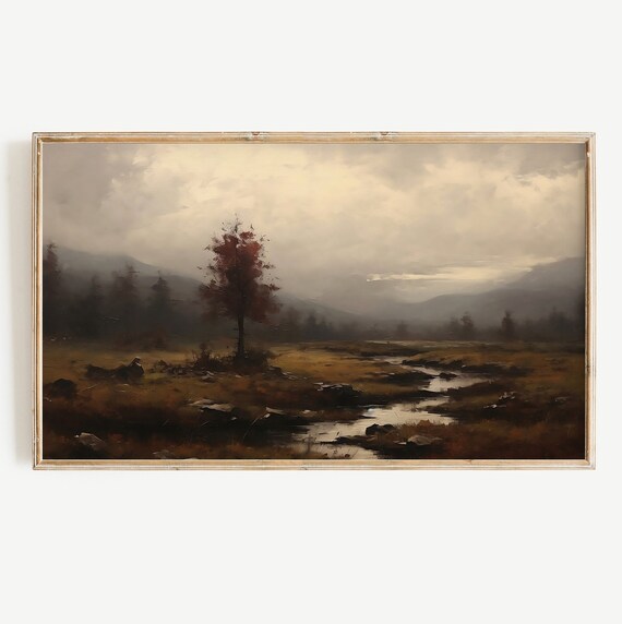 Moody Autumn Landscape Lone Tree Stream Misty Mountains Fall Poster