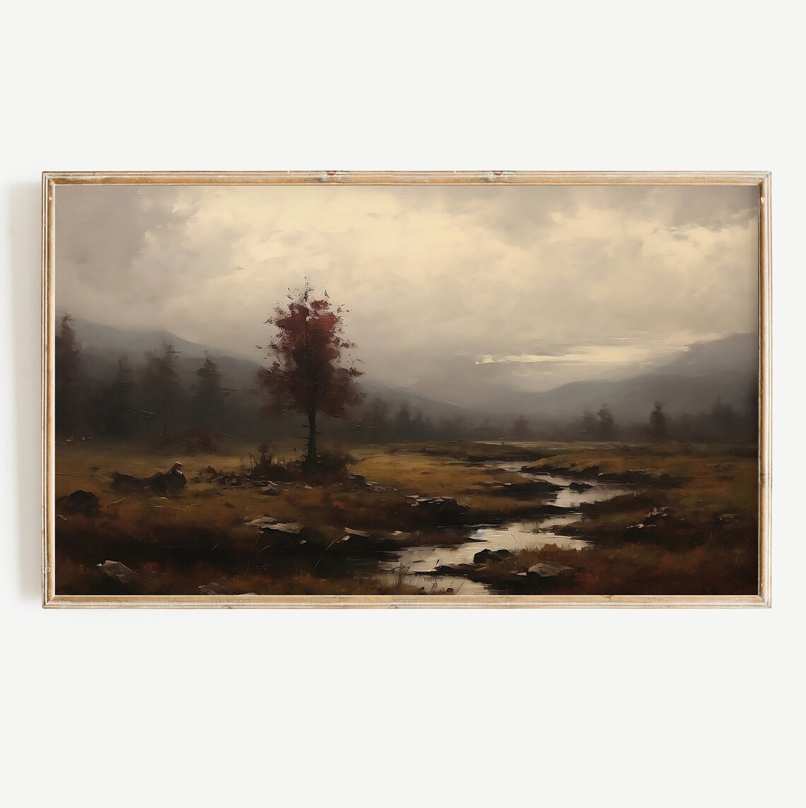 Moody Autumn Landscape Lone Tree Stream Misty Mountains Fall Poster