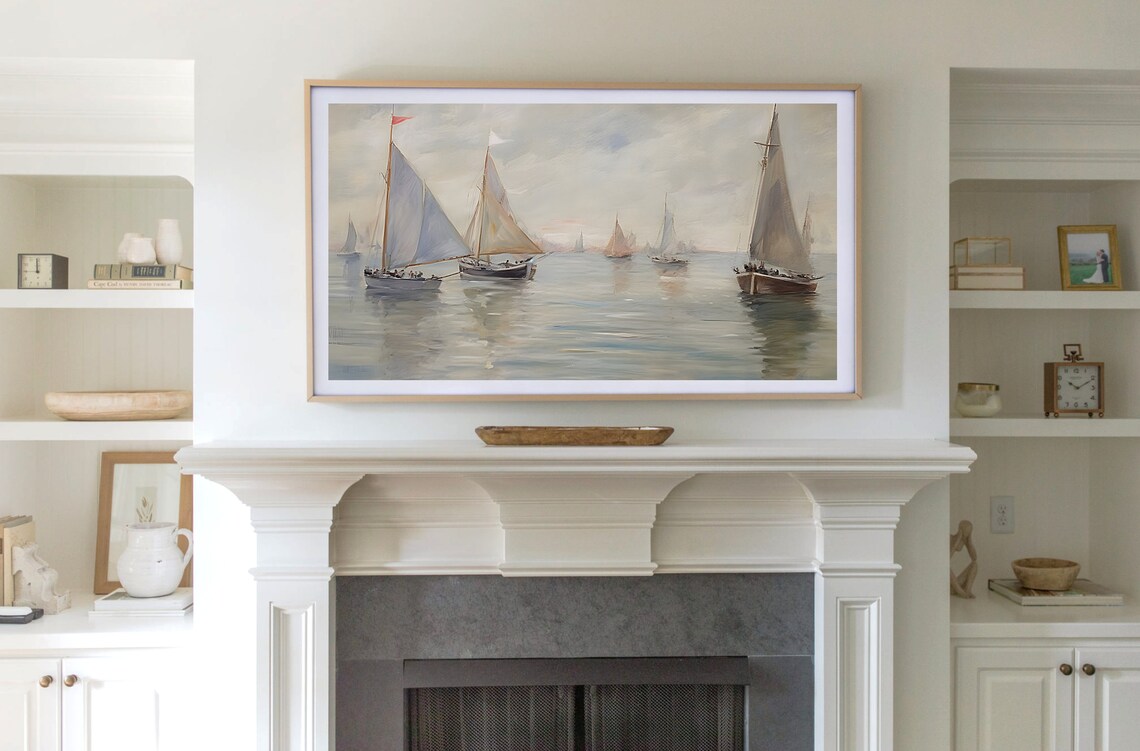 Vintage Sailboat Lake Art Print, Soft Neutral Tones - Image 4