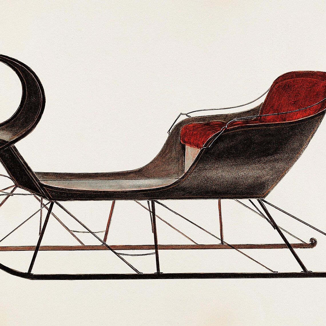 Antique Black Sleigh Red Velvet Seat Vintage Christmas Holiday Poster - Image 2