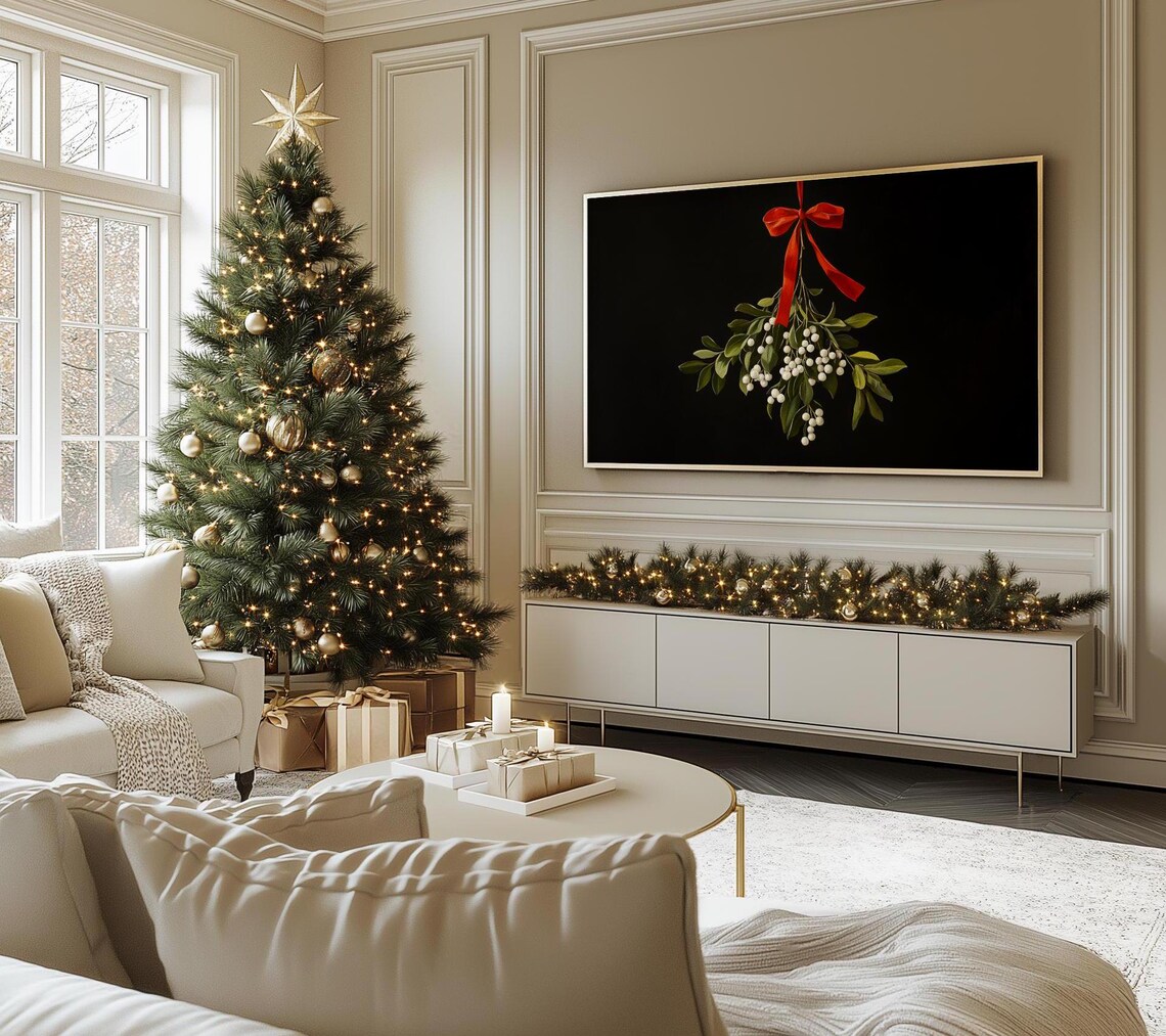 Christmas Frame Tv Art Moody Dark Botanical Holiday Mistletoe - Image 2