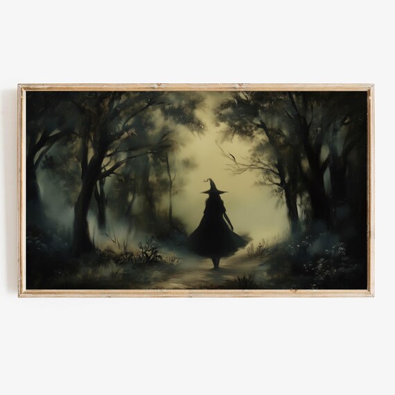 Witch Silhouette Misty Dark Forest Moody Halloween Night Poster