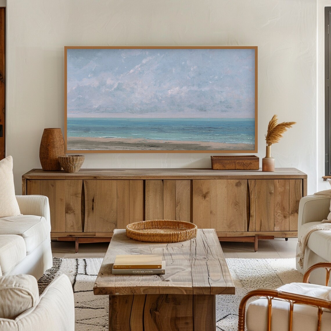 Minimalist Calm Beach Seascape Pale Sand Blue Ocean Tranquil Wall Art - Image 3