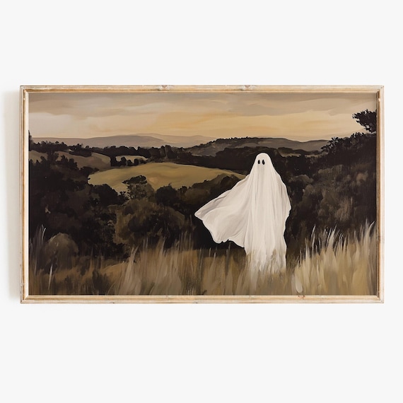 Sheet Ghost Overlooking Rolling Autumn Hills Golden Dusk Halloween Poster