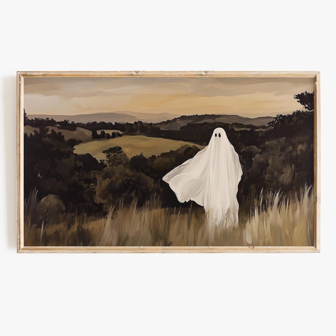 Sheet Ghost Overlooking Rolling Autumn Hills Golden Dusk Halloween Poster