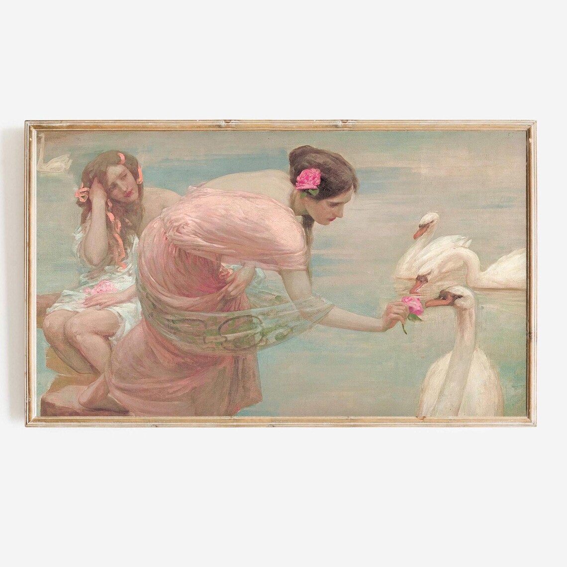 Vintage Women With Swans Feeding Rose Whimsical Swan Painting Poster