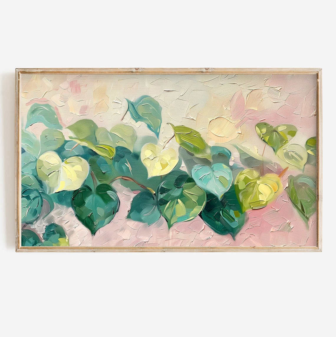 Textured Green Heart Leaves Pink Background Botanical Art Poster