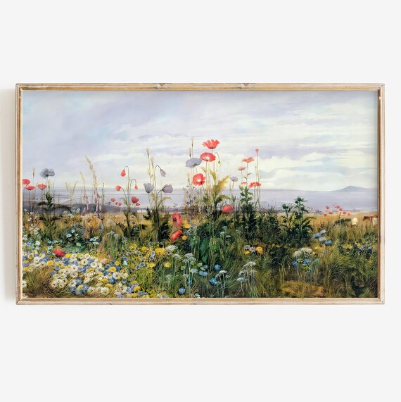 Vintage Poppy Wildflower Landscape Over Lake Antique Spring Art Poster