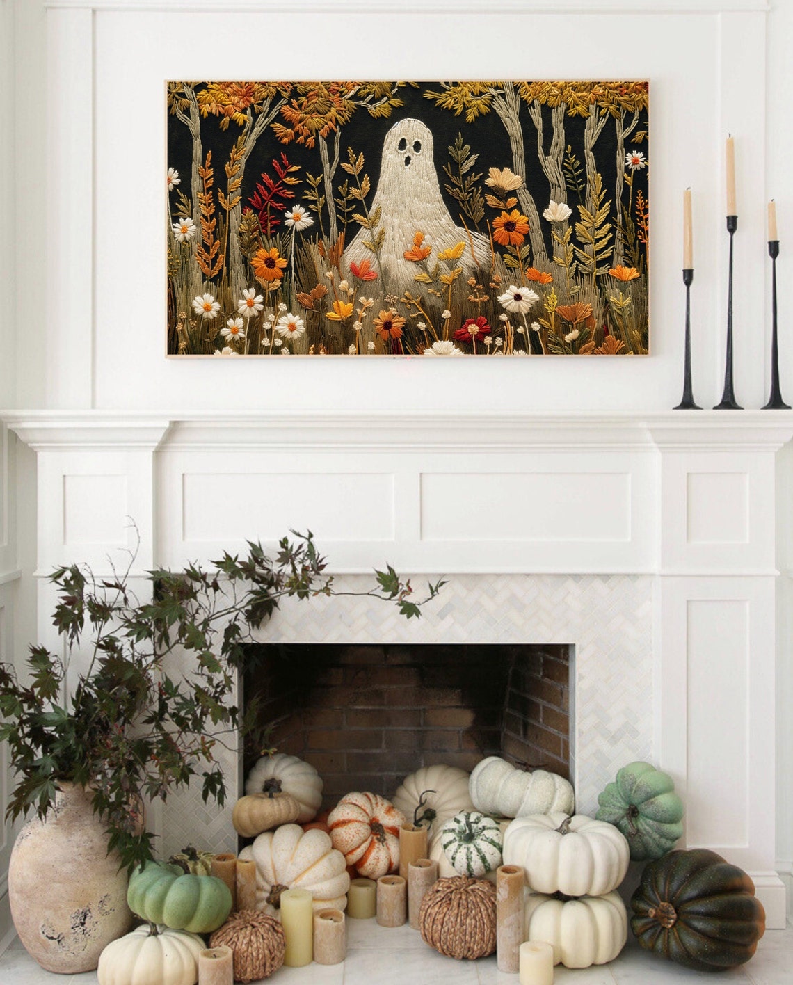 Halloween Frame Tv Art Instant Cute Ghost Wildflower Embroidery Textured Art For Tv Cottagecore Fall Art - Image 3