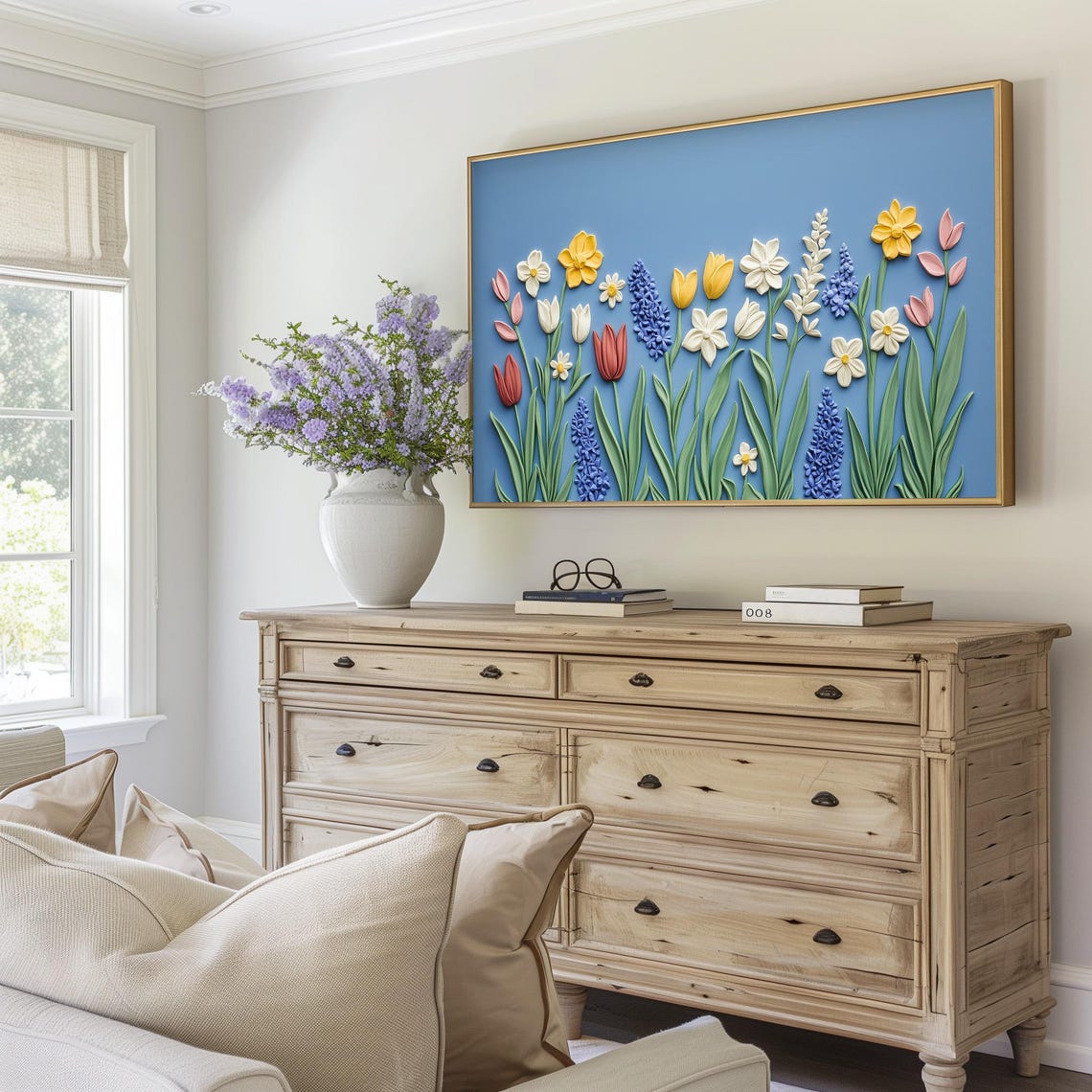 3D Textured Spring Flowers Tulips Daisies On Sky Blue Background Print - Image 5