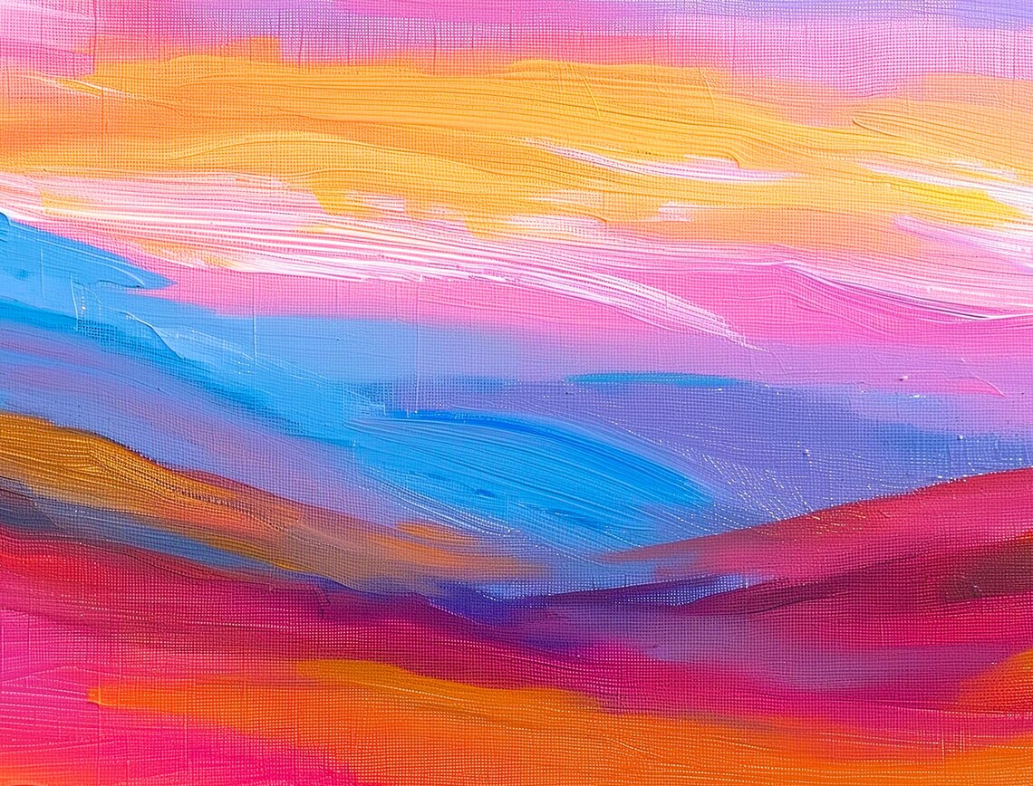 Vibrant Abstract Sunset Landscape Pink Orange Blue Brushstroke Wall Art - Image 2