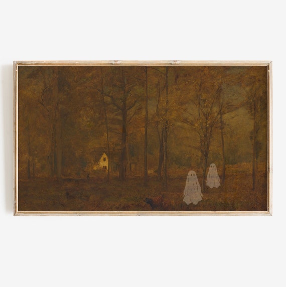 Halloween Ghost Painting, Vintage Autumn Forest Art Print