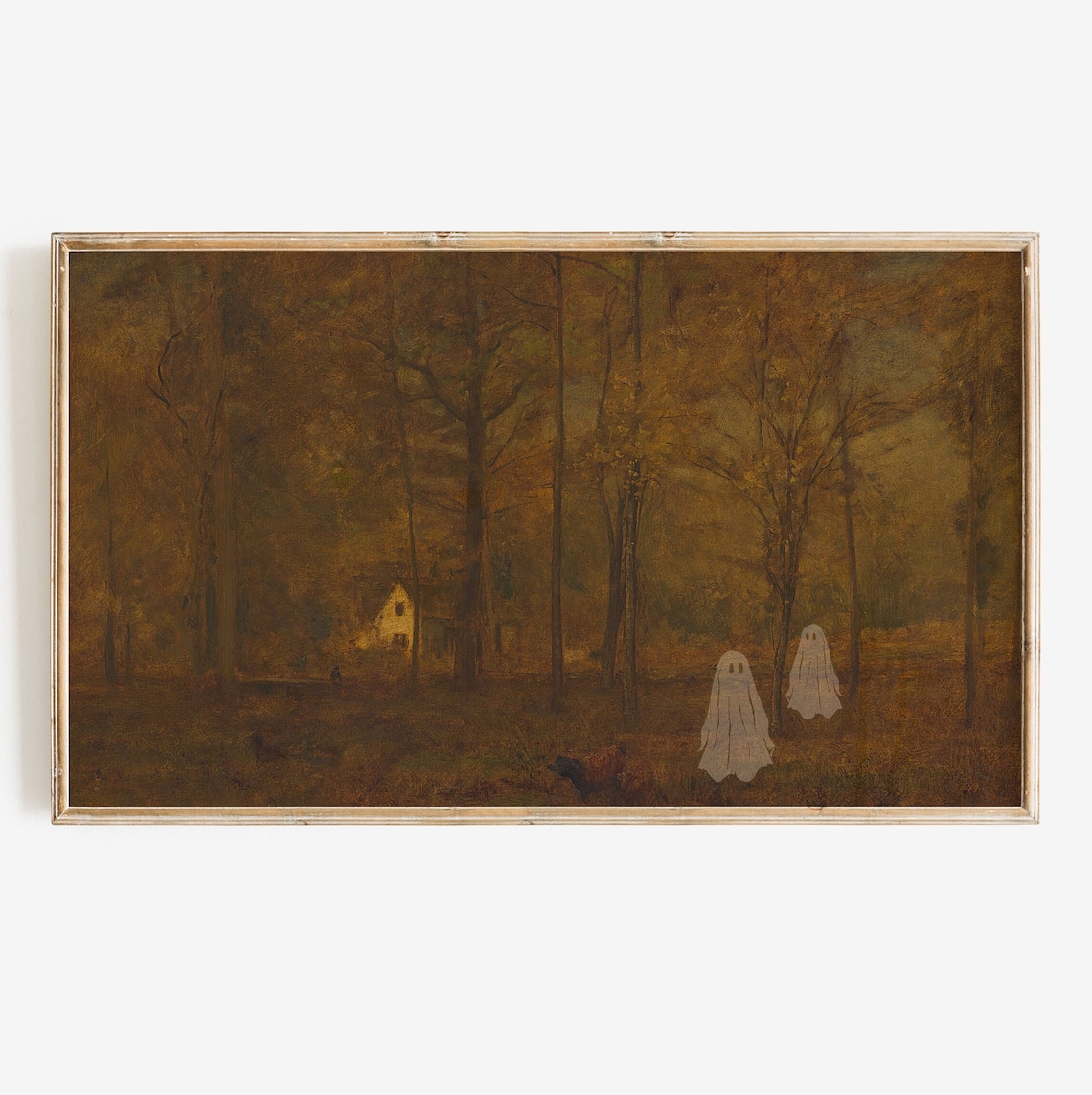 Halloween Ghost Painting, Vintage Autumn Forest Art Print